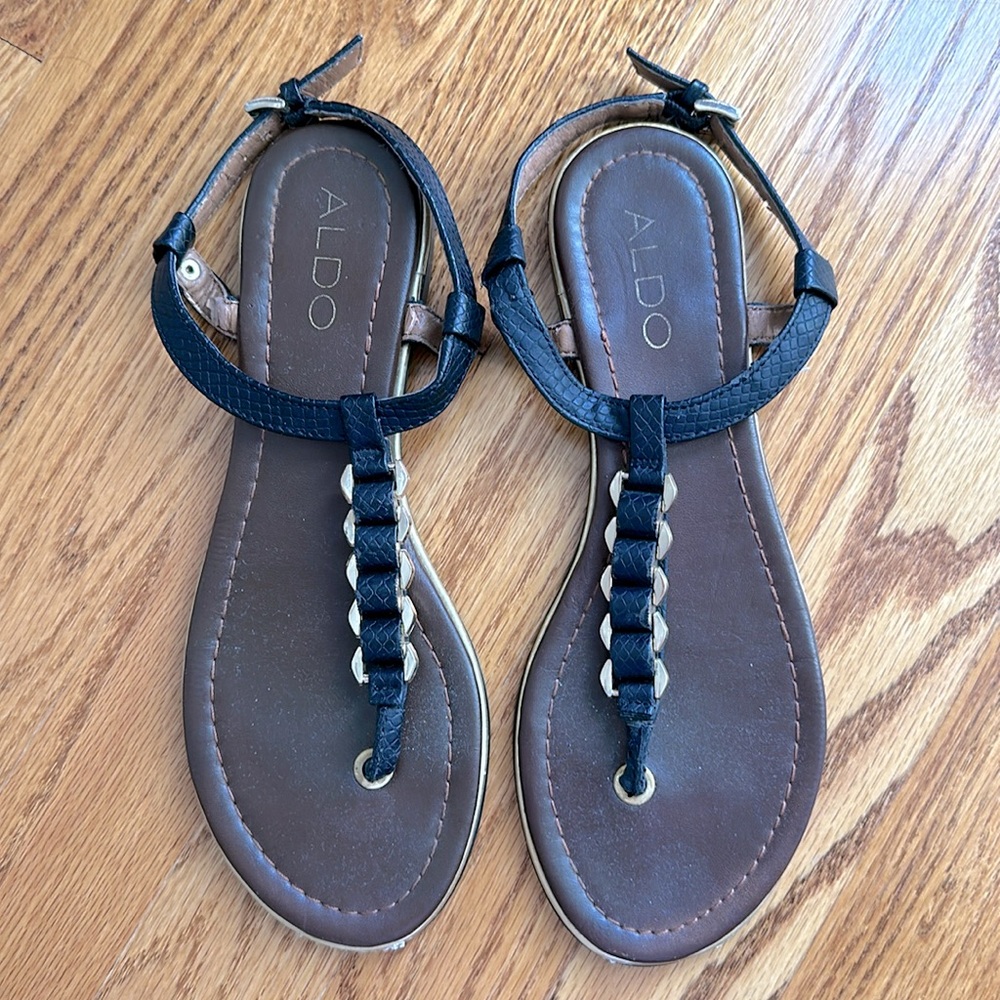 Size 7 black Aldo sandals with gold detailing